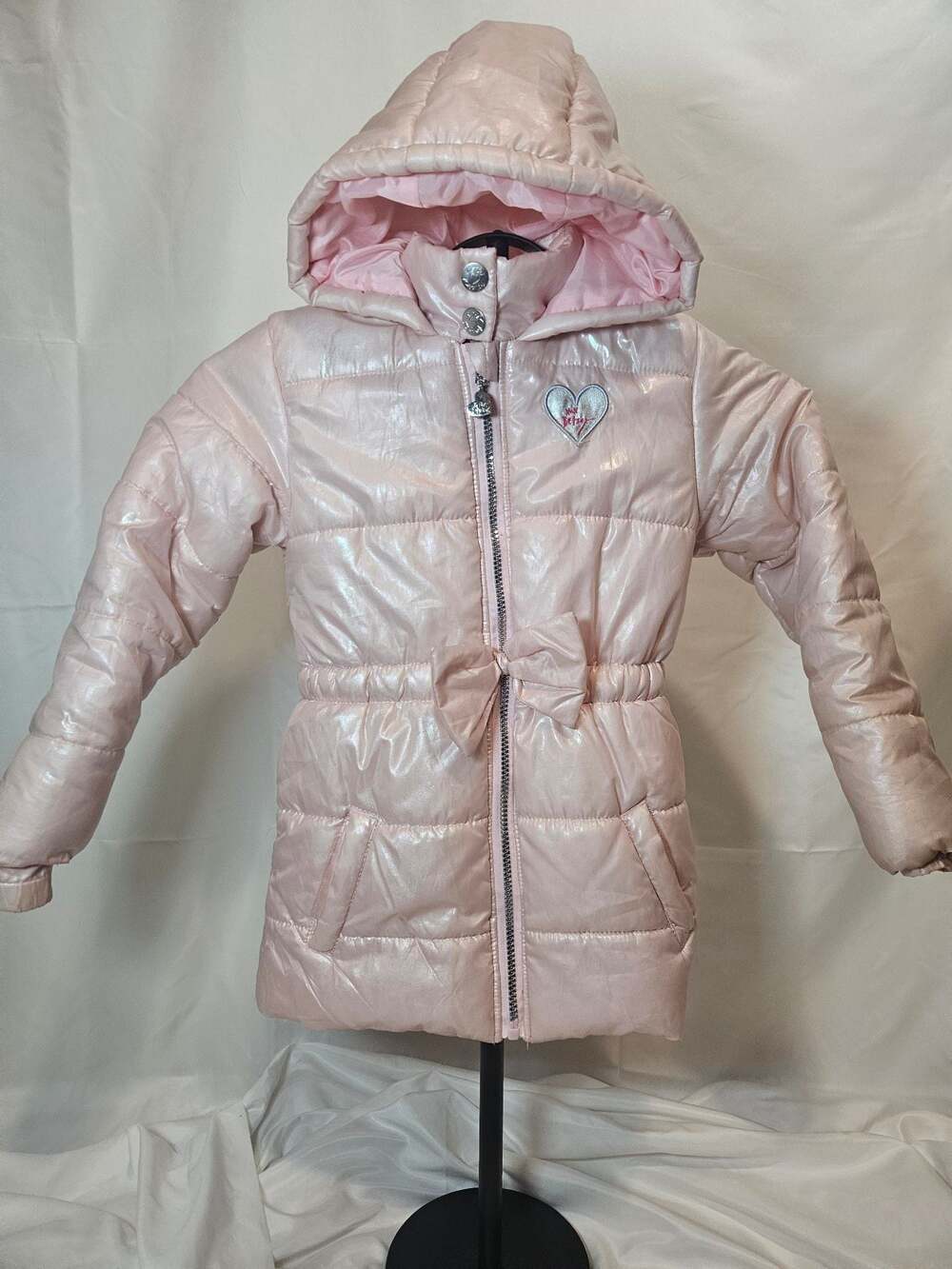 Betsey Johnson Girls Pink Metallic Hooded Puffer Winter Coat Jacket Size 6